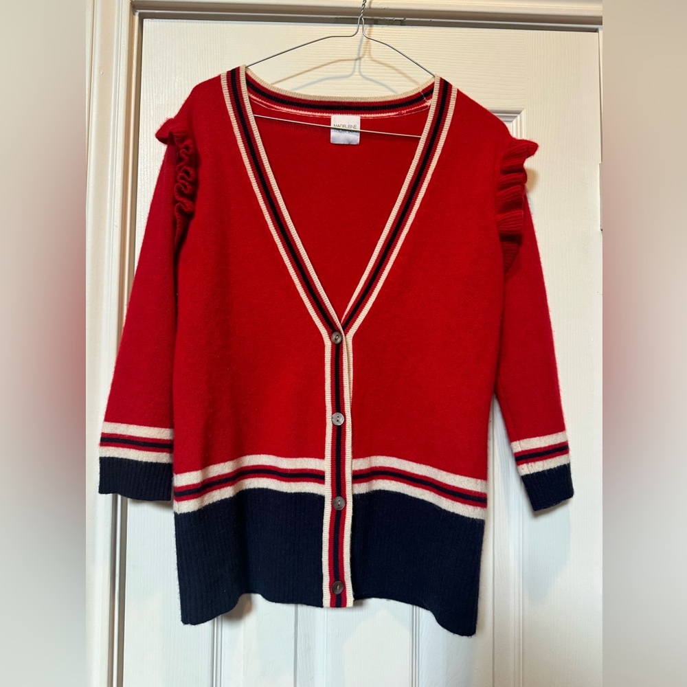 Madeleine Thompson Cashmere Ruffle Cardigan Sweater Navy/Red/White Preppy Small